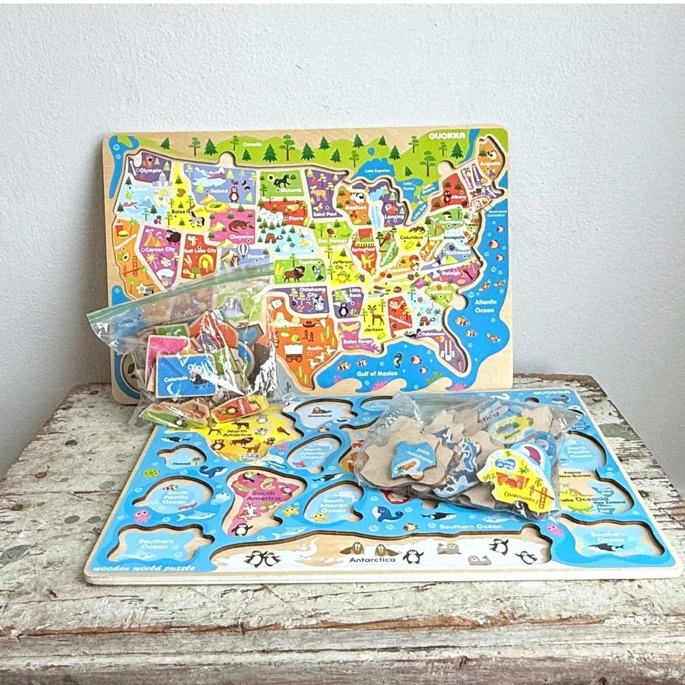 Quokka Wooden USA & World Map Puzzle Set Educational Geography